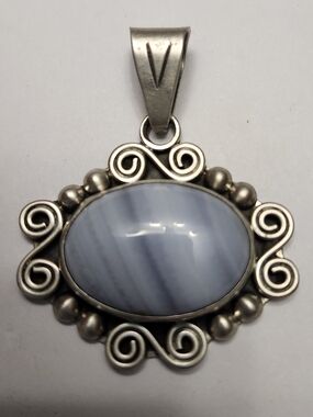 Vintage Mexico 925 Sterling Silver Blue Lace Agate Pendant Necklace